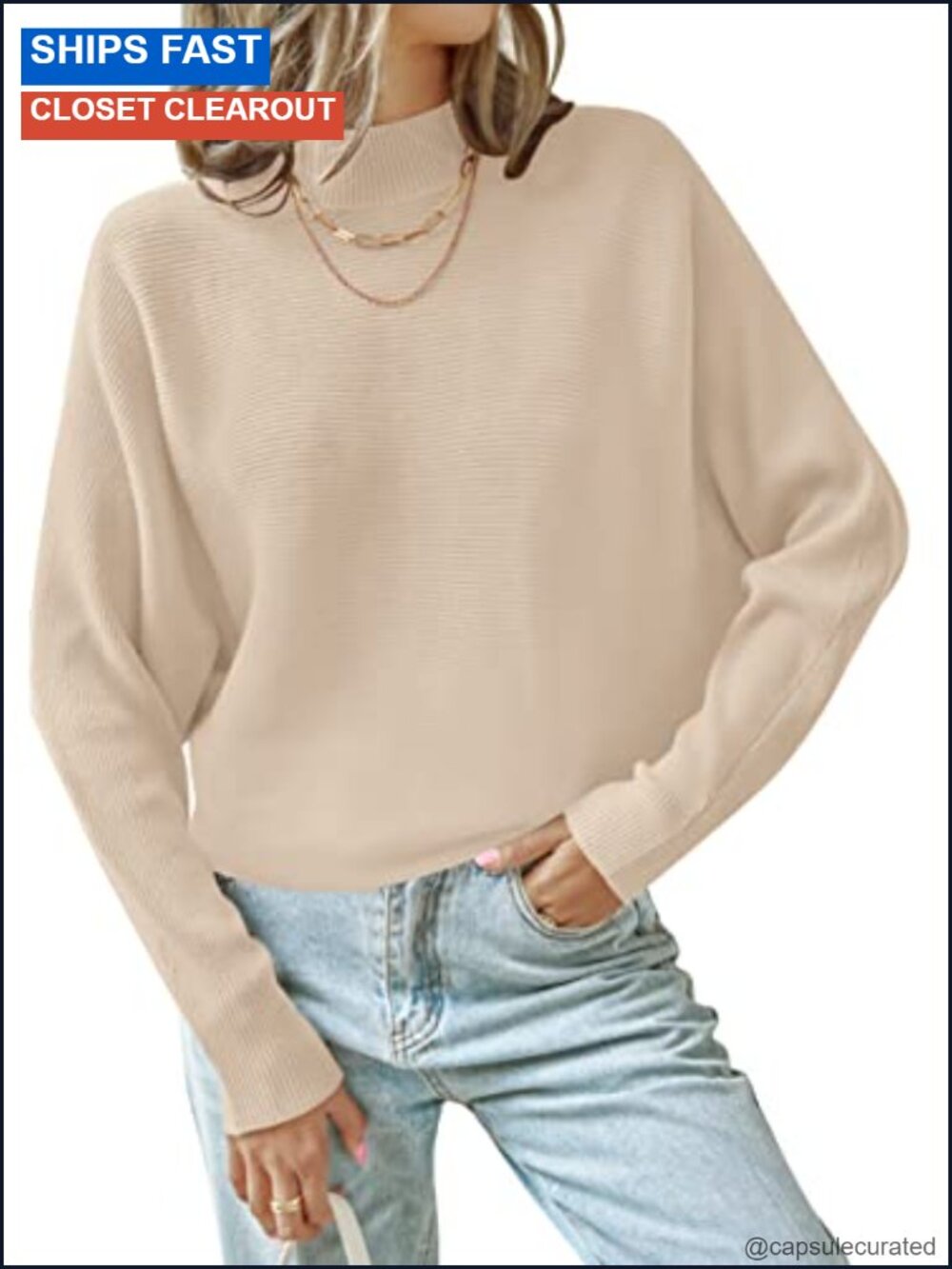 Turtleneck Long Batwing Sleeve Ribbed Knit Pullover Sweater